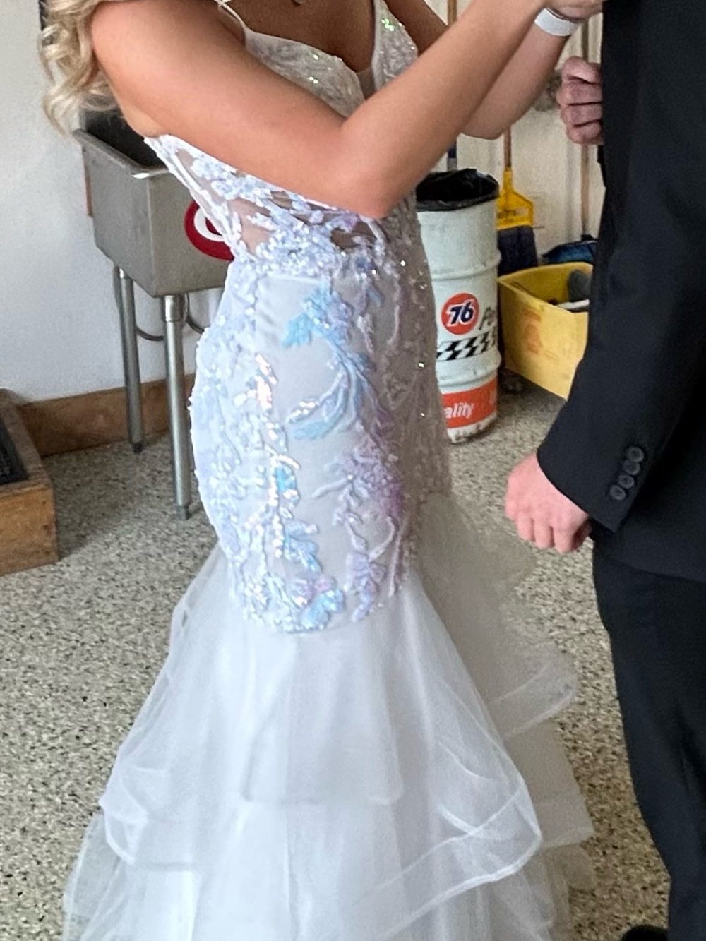 White Lace Mermaid Prom Dress with Tiered Tulle Skirt